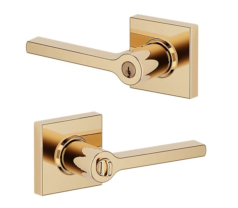 The Baldwin Estate 5285 Minneapolis Keyed Lever with Square Rosette in Lifetime Polished Brass finish.