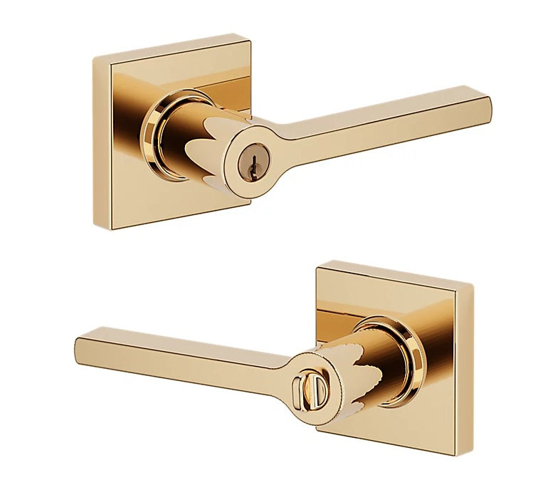 The Baldwin Estate 5285 Minneapolis Keyed Lever with Square Rosette in Lifetime Polished Brass finish.