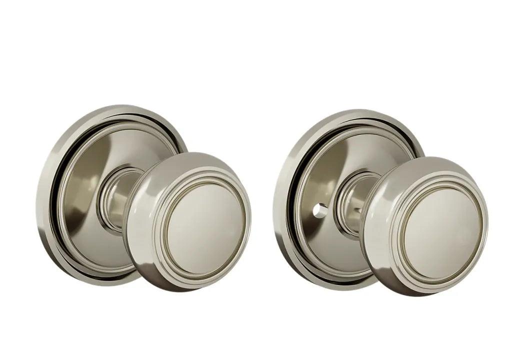 The Baldwin Estate 5087 Nashville Knob (2") with 5070 Rosette in Lifetime Polished Nickel finish.