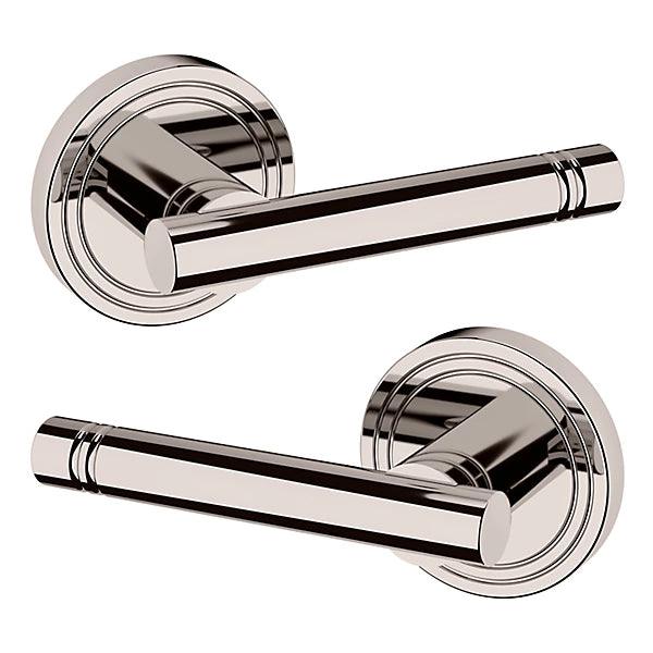 The Baldwin Estate 5138 Lever with 5047 Rosette in Lifetime Polished Nickel finish.