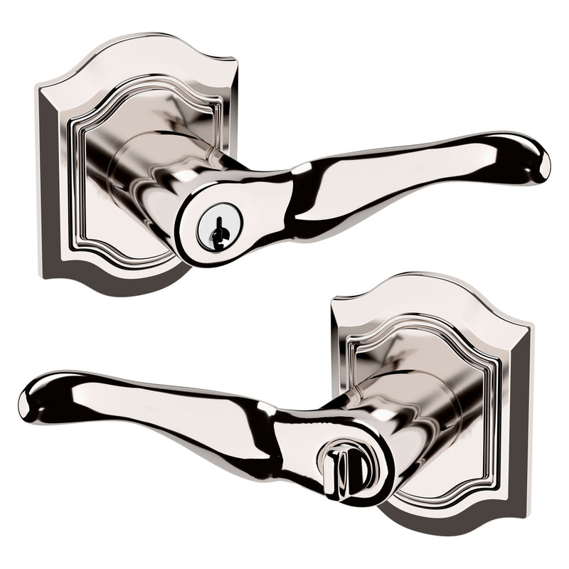 The Baldwin Estate 5237 Bethpage Keyed Lever with Bethpage Rosette in Lifetime Polished Nickel finish.