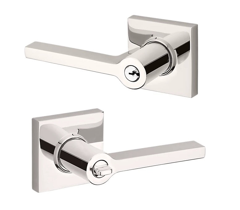 The Baldwin Estate 5285 Minneapolis Keyed Lever with Square Rosette in Lifetime Polished Nickel finish.