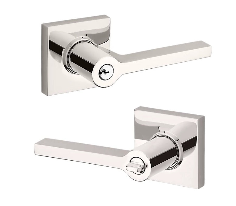 The Baldwin Estate 5285 Minneapolis Keyed Lever with Square Rosette in Lifetime Polished Nickel finish.