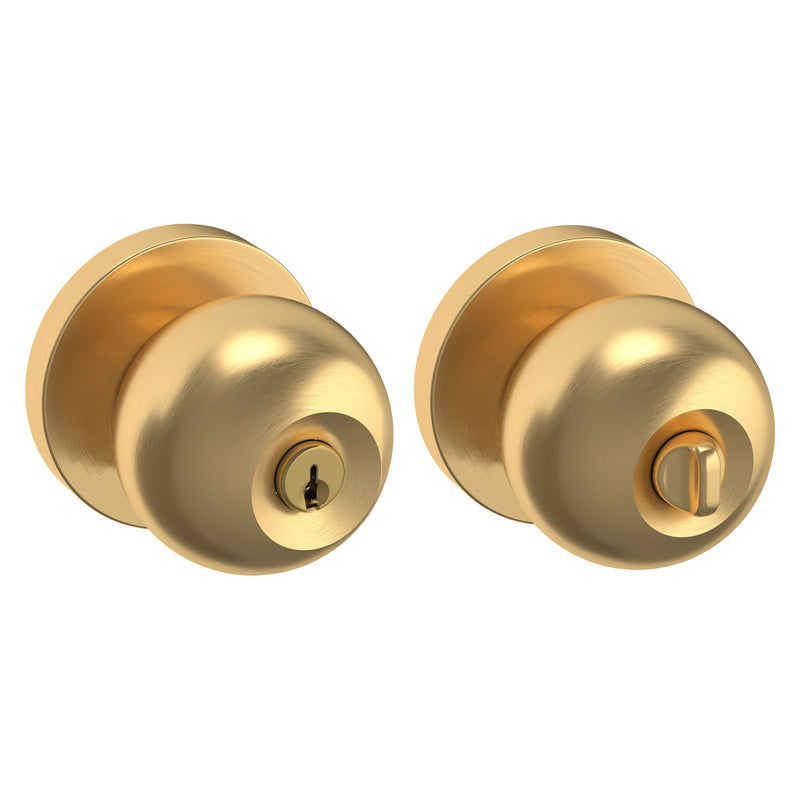 The Baldwin Estate 5215 Modern Keyed Knob with Contemporary Rosette in Lifetime Satin Brass finish.
