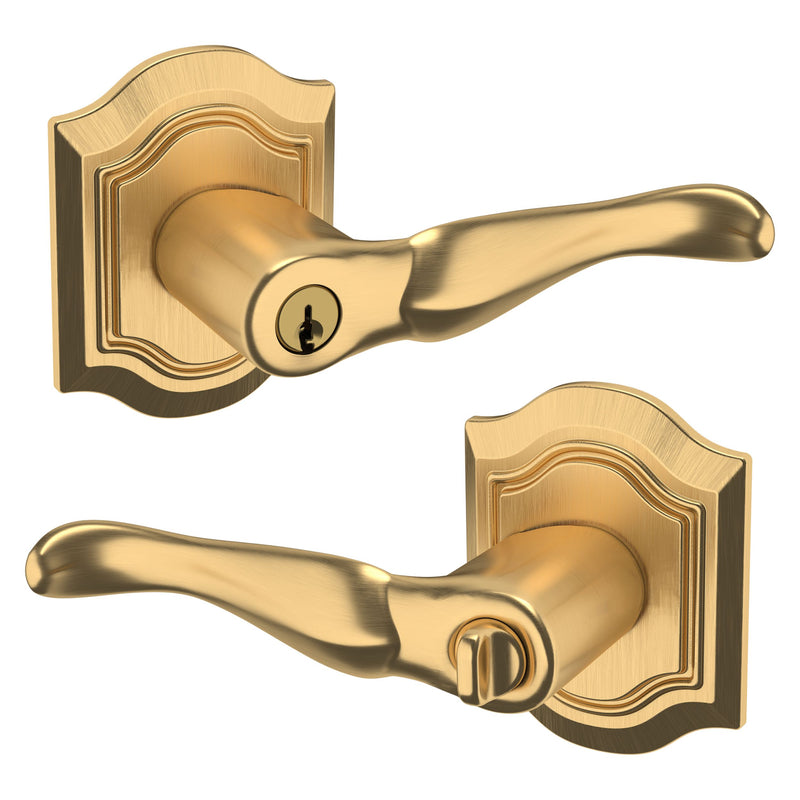 The Baldwin Estate 5237 Bethpage Keyed Lever with Bethpage Rosette in Lifetime Satin Brass finish.