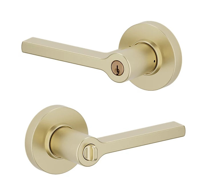 The Baldwin Estate 5260 Minneapolis Keyed Lever with Round Rosette in Lifetime Satin Brass finish.