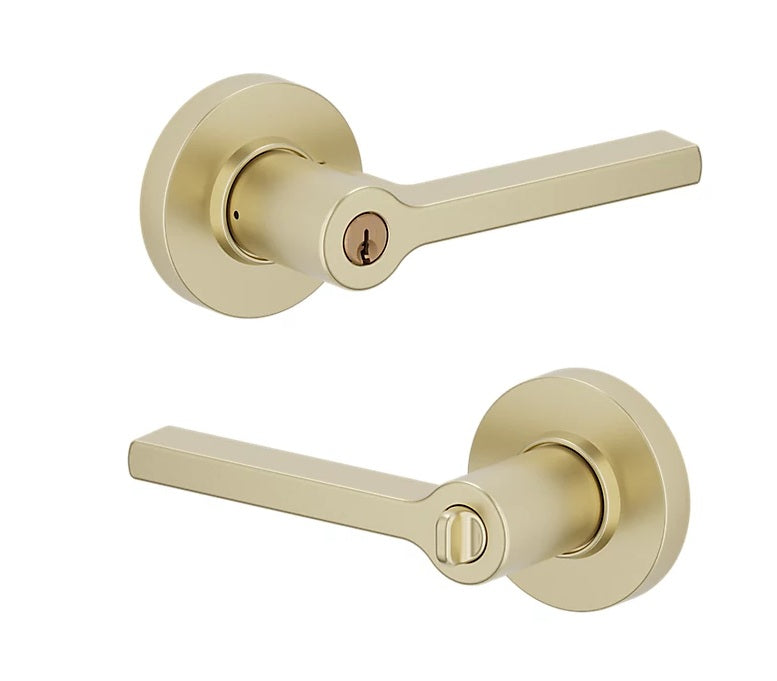 The Baldwin Estate 5260 Minneapolis Keyed Lever with Round Rosette in Lifetime Satin Brass finish.