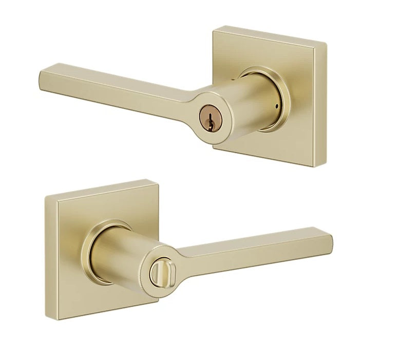 The Baldwin Estate 5285 Minneapolis Keyed Lever with Square Rosette in Lifetime Satin Brass finish.