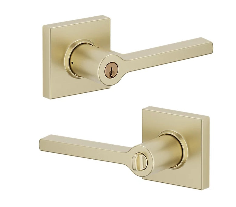 The Baldwin Estate 5285 Minneapolis Keyed Lever with Square Rosette in Lifetime Satin Brass finish.