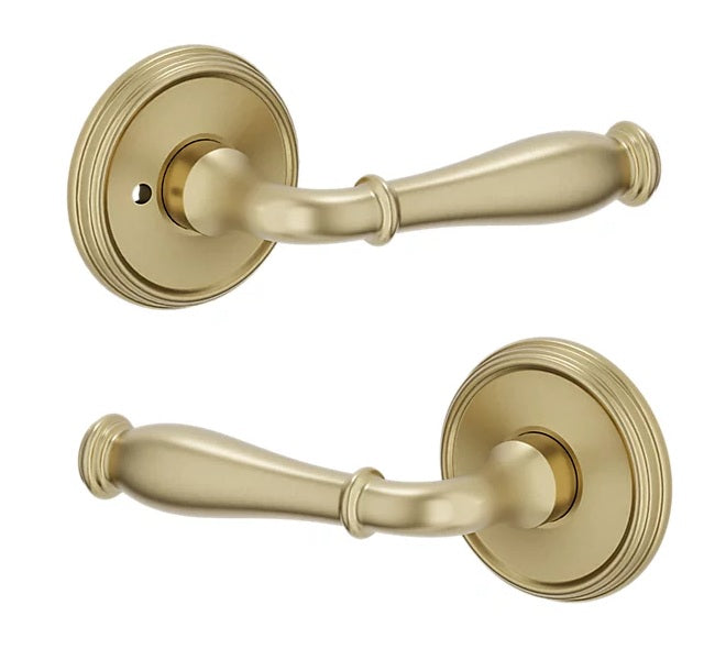 The Baldwin Estate L034 Nashville Lever with 5078 Rosette in Lifetime Satin Brass finish.