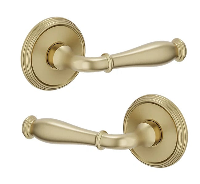The Baldwin Estate L034 Nashville Lever with 5078 Rosette in Lifetime Satin Brass finish.