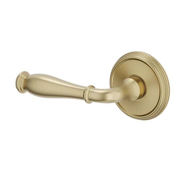 The Baldwin Estate L034 Nashville Lever with 5078 Rosette in Lifetime Satin Brass finish.