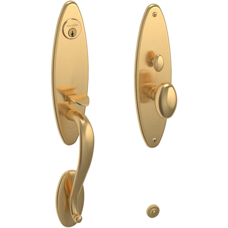 Baldwin Estate Springfield Mortise Handleset Entrance Trim with Interior 5025 Egg Knob in Lifetime Satin Brass finish