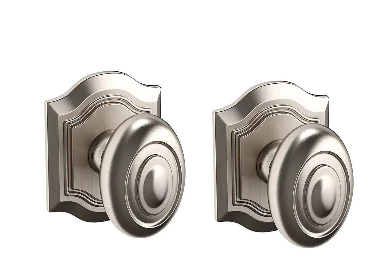 The Baldwin Estate 5077 Bethpage Knob with R027 in Lifetime Satin Nickel finish.
