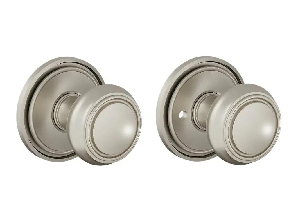 The Baldwin Estate 5087 Nashville Knob (2") with 5070 Rosette in Lifetime Satin Nickel finish.