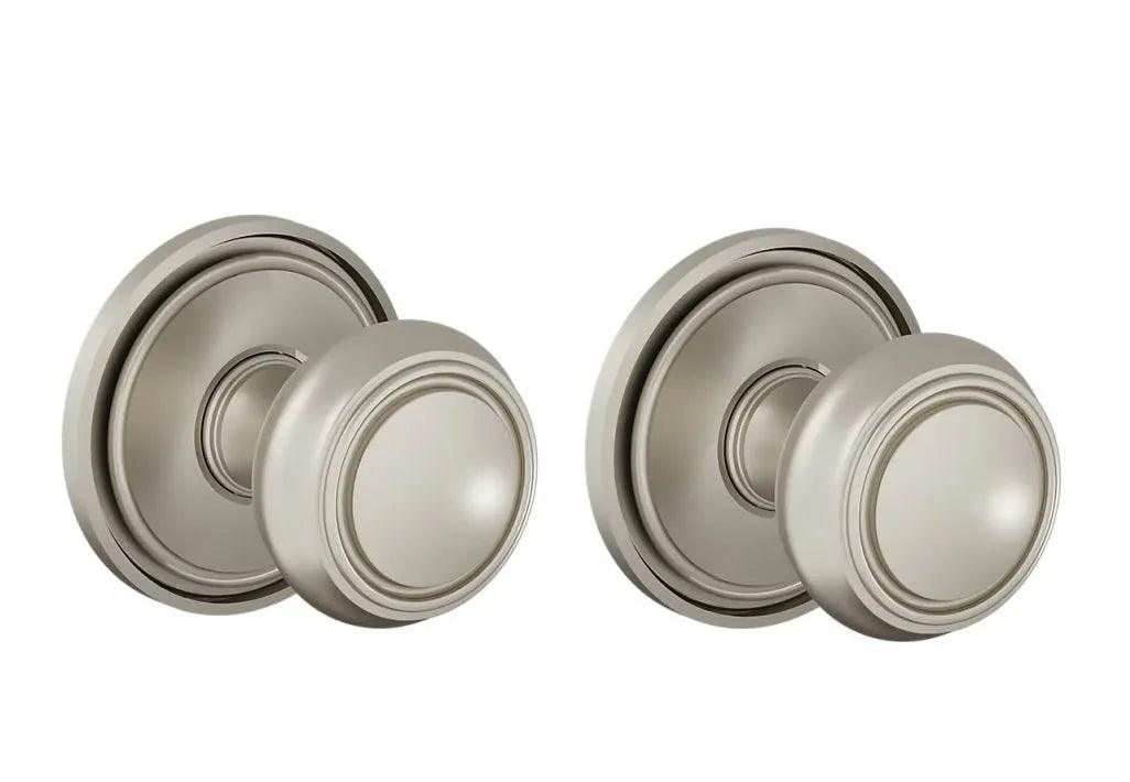 The Baldwin Estate 5087 Nashville Knob (2") with 5070 Rosette in Lifetime Satin Nickel finish.