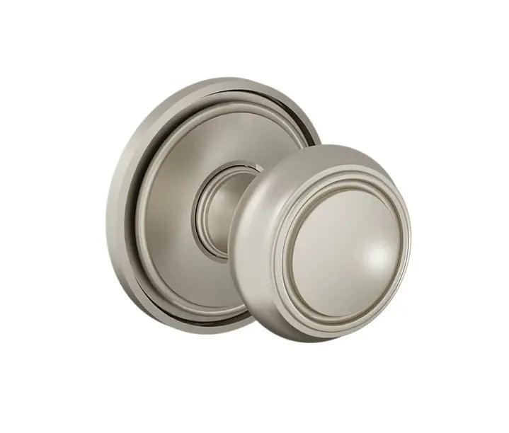The Baldwin Estate 5087 Nashville Knob (2") with 5070 Rosette in Lifetime Satin Nickel finish.