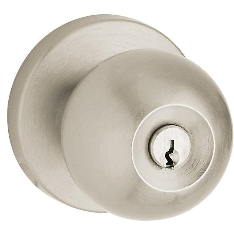 Baldwin Estate 5215 Keyed Contemporary Knob with Contemporary Rosette in Lifetime Satin Nickel finish