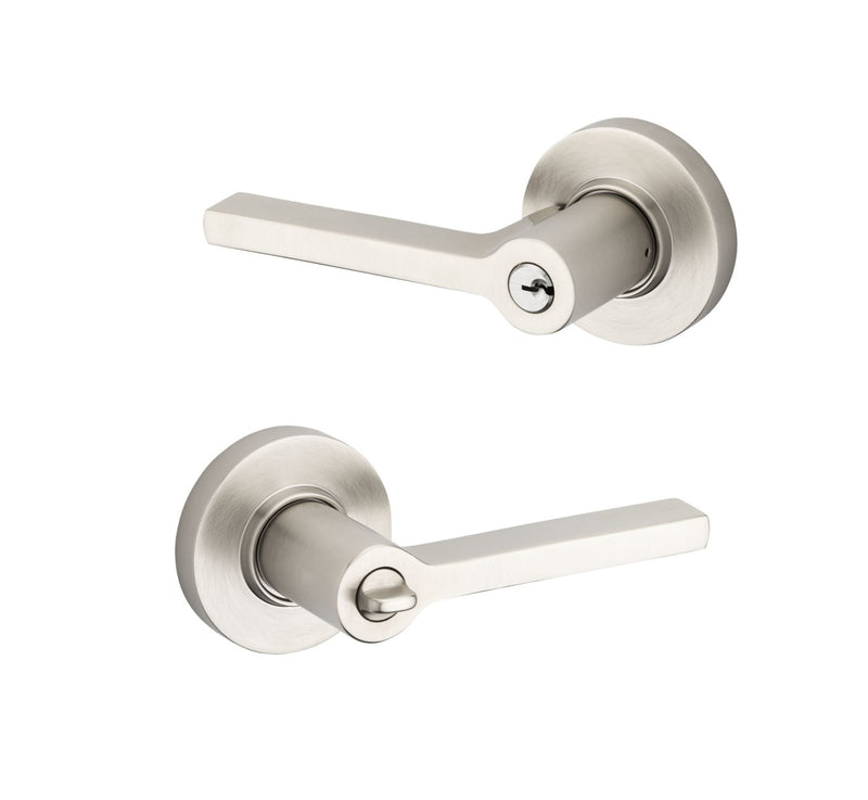 The Baldwin Estate 5260 Minneapolis Keyed Lever with Round Rosette in Lifetime Satin Nickel finish.