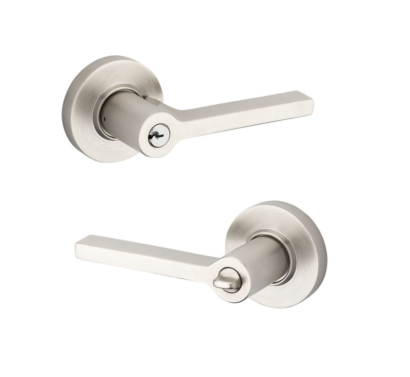 The Baldwin Estate 5260 Minneapolis Keyed Lever with Round Rosette in Lifetime Satin Nickel finish.
