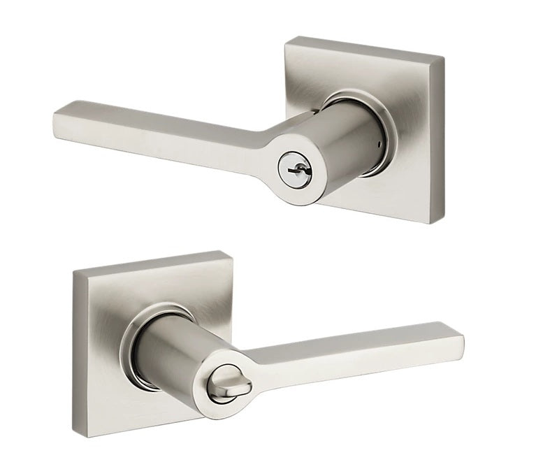 The Baldwin Estate 5285 Minneapolis Keyed Lever with Square Rosette in Lifetime Satin Nickel finish.