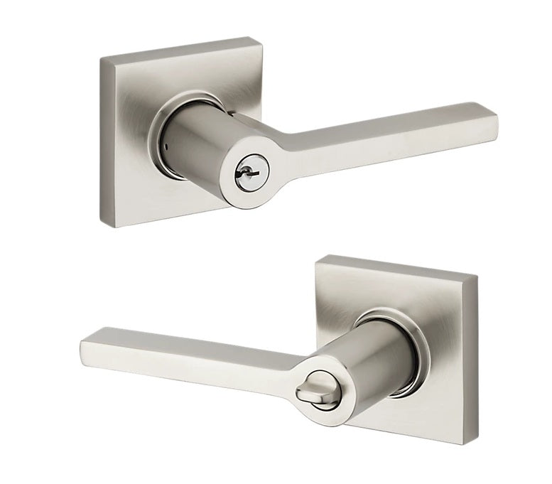 The Baldwin Estate 5285 Minneapolis Keyed Lever with Square Rosette in Lifetime Satin Nickel finish.