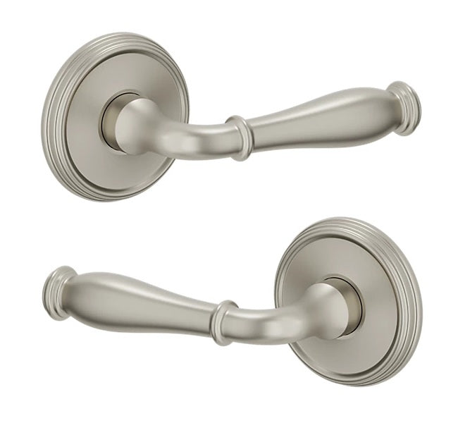 The Baldwin Estate L034 Nashville Lever with 5078 Rosette in Lifetime Satin Nickel finish.