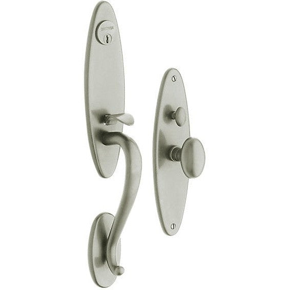 Baldwin Estate Springfield Mortise Handleset Entrance Trim with Interior 5025 Egg Knob in Lifetime Satin Nickel finish