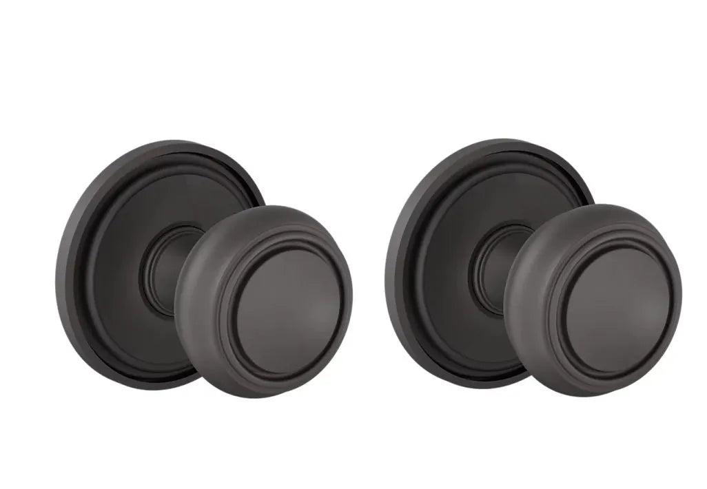 The Baldwin Estate 5087 Nashville Knob (2") with 5070 Rosette in Oil Rubbed Bronze finish.