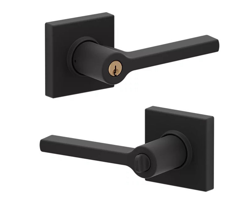 The Baldwin Estate 5285 Minneapolis Keyed Lever with Square Rosette in Oil Rubbed Bronze finish.