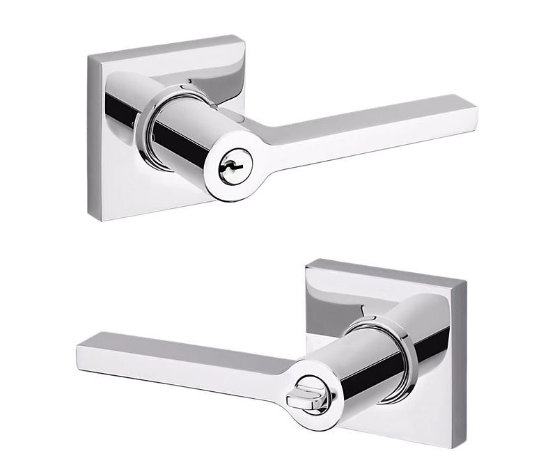 The Baldwin Estate 5285 Minneapolis Keyed Lever with Square Rosette in Polished Chrome finish.