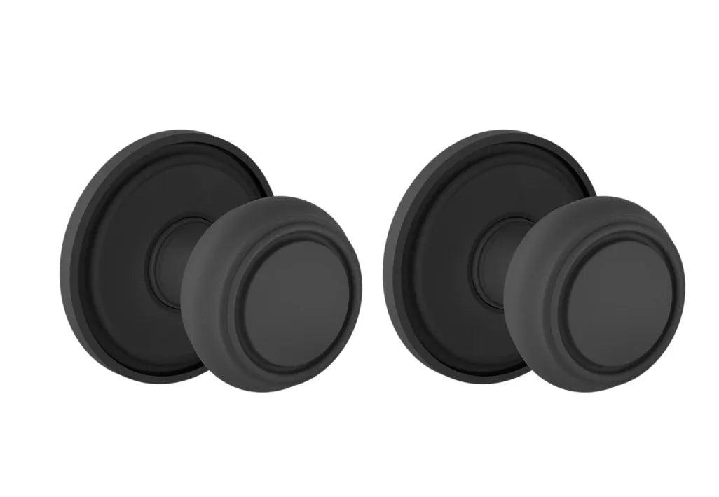 The Baldwin Estate 5087 Nashville Knob (2") with 5070 Rosette in Satin Black finish.