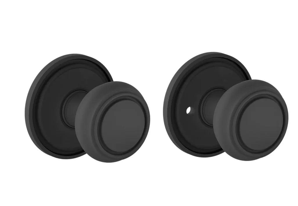 The Baldwin Estate 5087 Nashville Knob (2") with 5070 Rosette in Satin Black finish.
