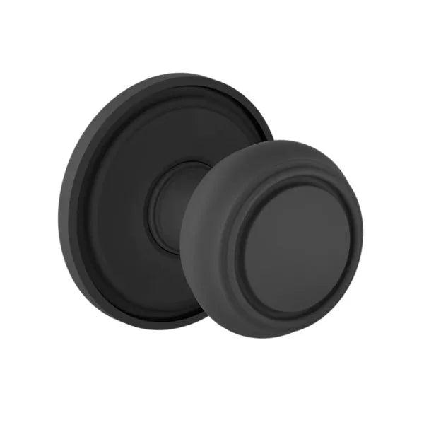 The Baldwin Estate 5087 Nashville Knob (2") with 5070 Rosette in Satin Black finish.