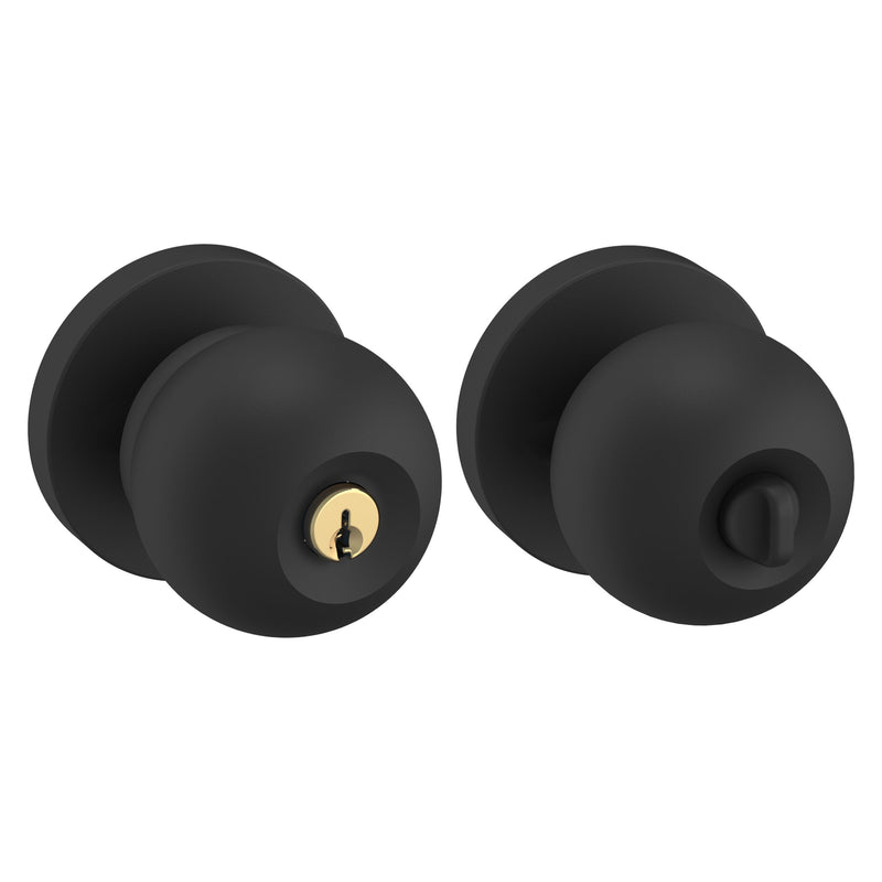 The Baldwin Estate 5215 Modern Keyed Knob with Contemporary Rosette in Satin Black finish.