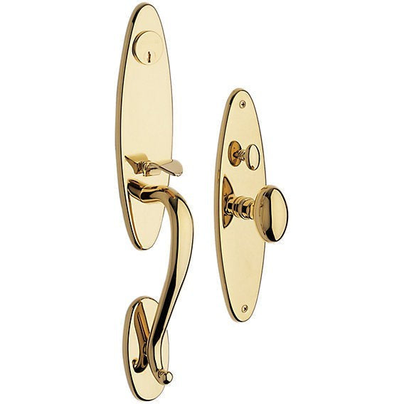 Baldwin Estate Springfield Mortise Handleset Entrance Trim with Interior 5025 Egg Knob in Unlacquered Brass finish