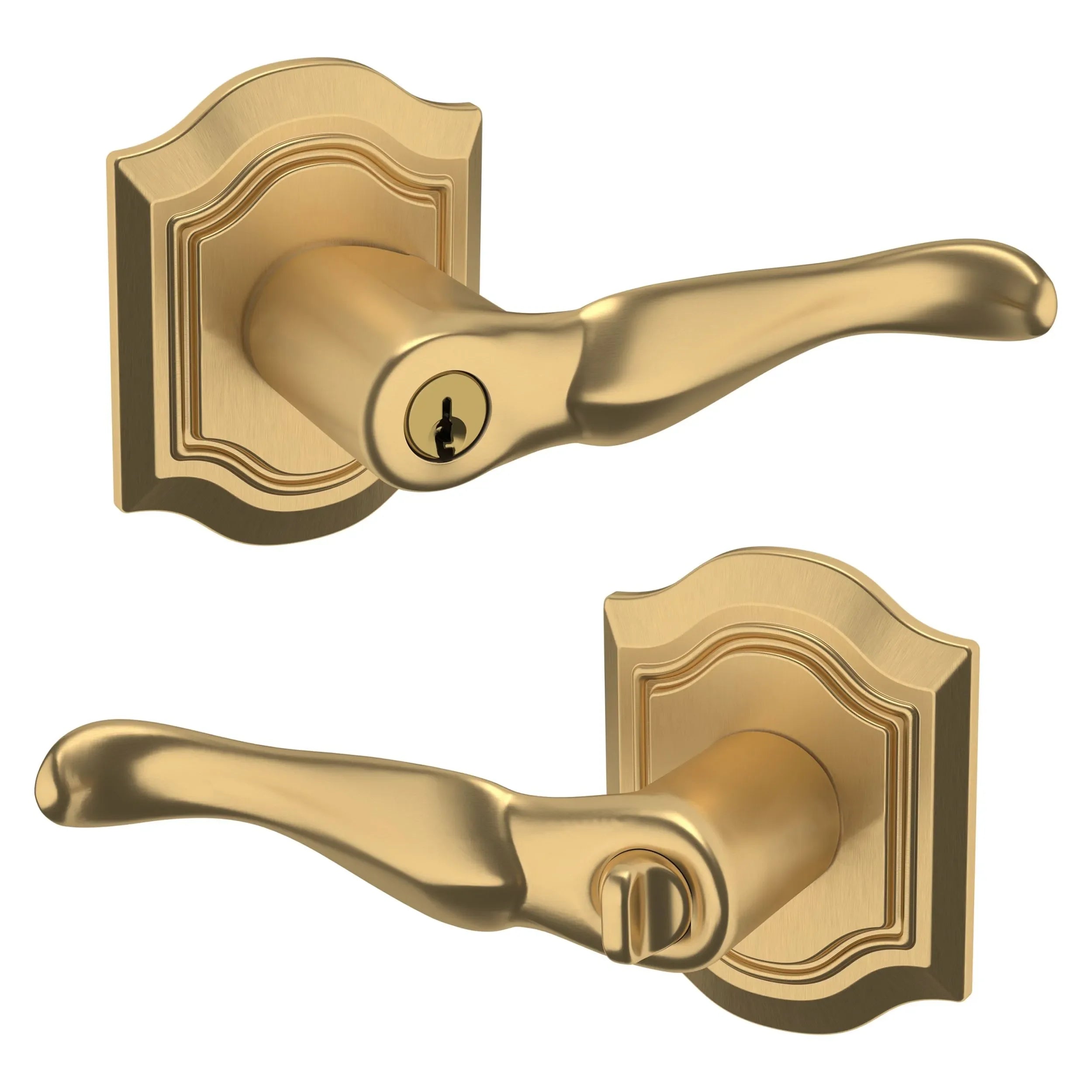 The Baldwin Estate 5237 Bethpage Keyed Lever with Bethpage Rosette in Vintage Brass finish.