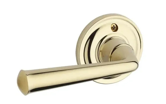 The Baldwin Reserve Federal Lever with Traditional Round Rosette in Lifetime Polished Brass finish.