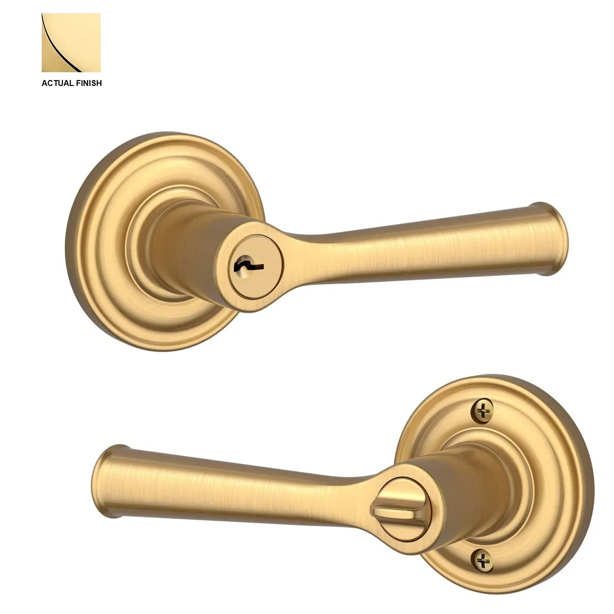 The Baldwin Reserve Federal Lever with Traditional Round Rosette in Lifetime Polished Brass finish.