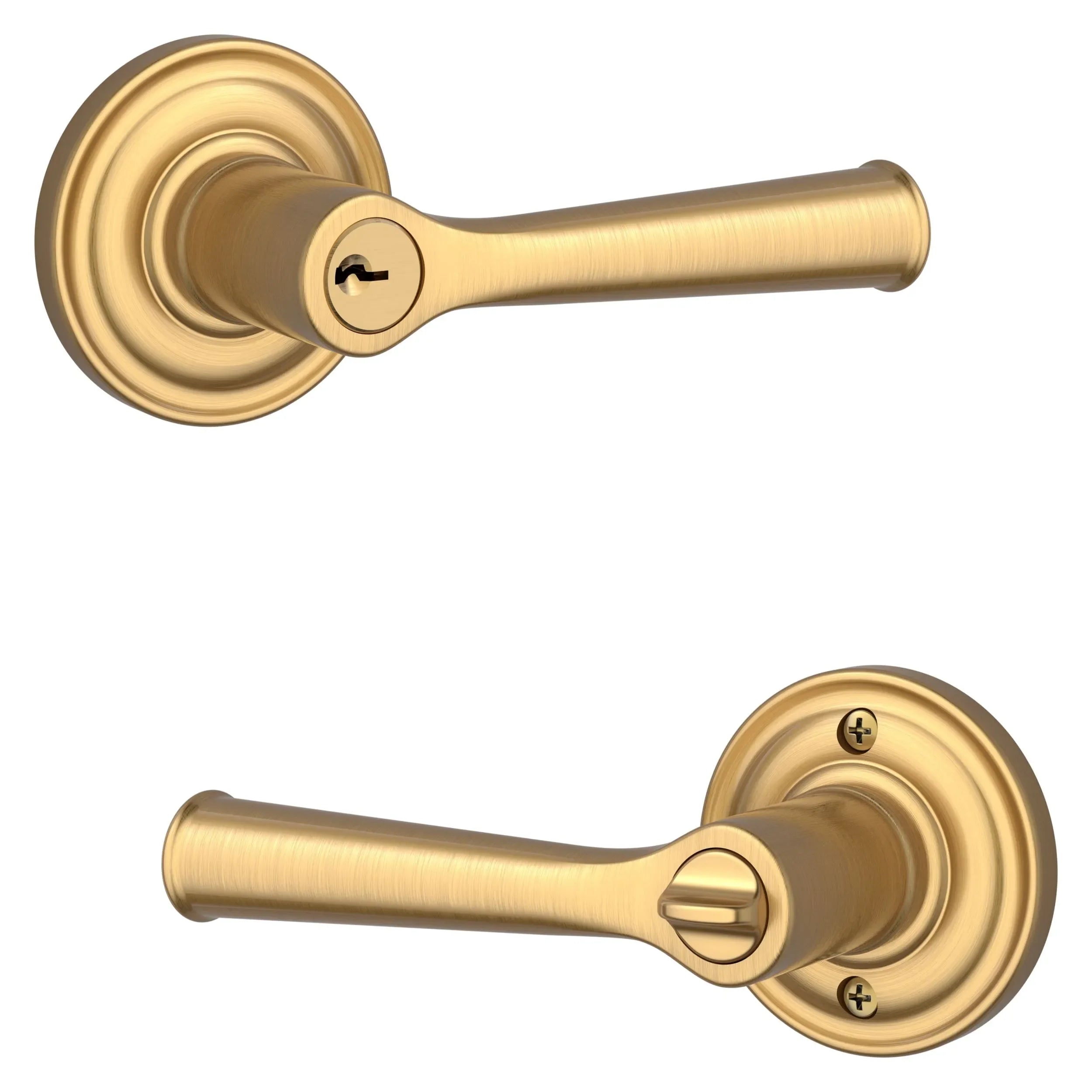 The Baldwin Reserve Federal Lever with Traditional Round Rosette in Lifetime Satin Brass finish.