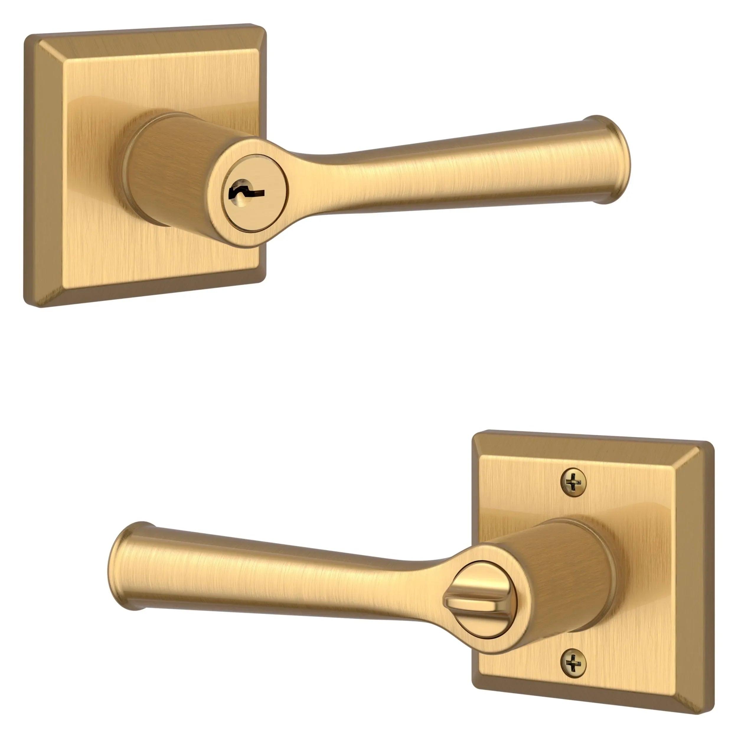 The Baldwin Reserve Federal Lever with Traditional Square Rosette in Lifetime Satin Brass finish.