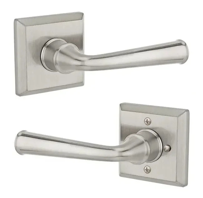 The Baldwin Reserve Federal Lever with Traditional Square Rosette in Satin Nickel finish.