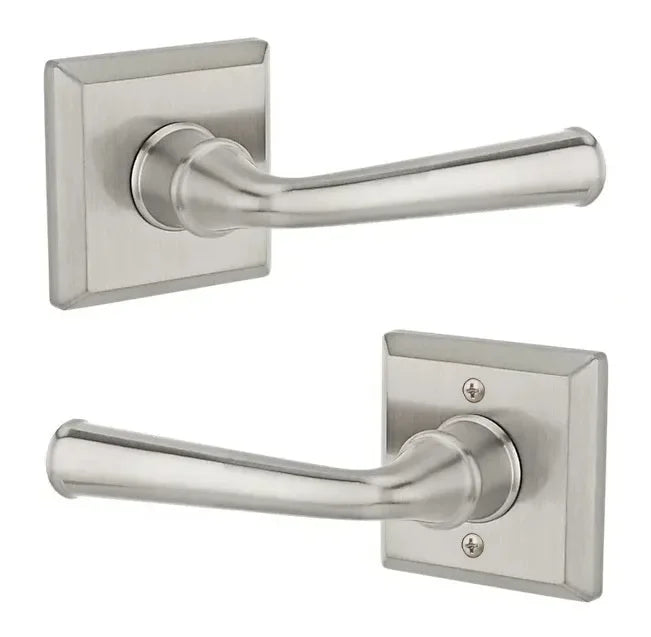 The Baldwin Reserve Federal Lever with Traditional Square Rosette in Satin Nickel finish.