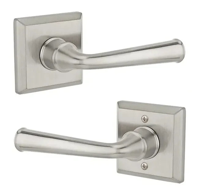 The Baldwin Reserve Federal Lever with Traditional Square Rosette in Satin Nickel finish.
