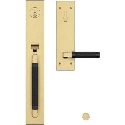 Baldwin Gramercy Knurled Full Escutcheon Handleset with L030 Gramercy Knurled Lever in Satin Brass & Satin Black finish