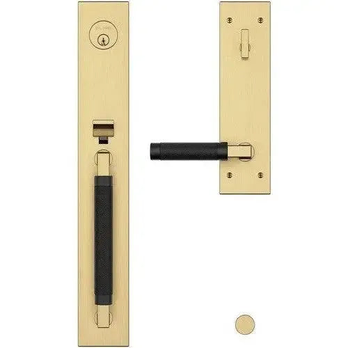 Baldwin Gramercy Knurled Full Escutcheon Handleset with L030 Gramercy Knurled Lever in Satin Brass & Satin Black finish