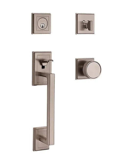Baldwin Hollywood Hills Sectional Trim Handleset with K008 Hollywood Hills Knob in Lifetime Satin Nickel finish