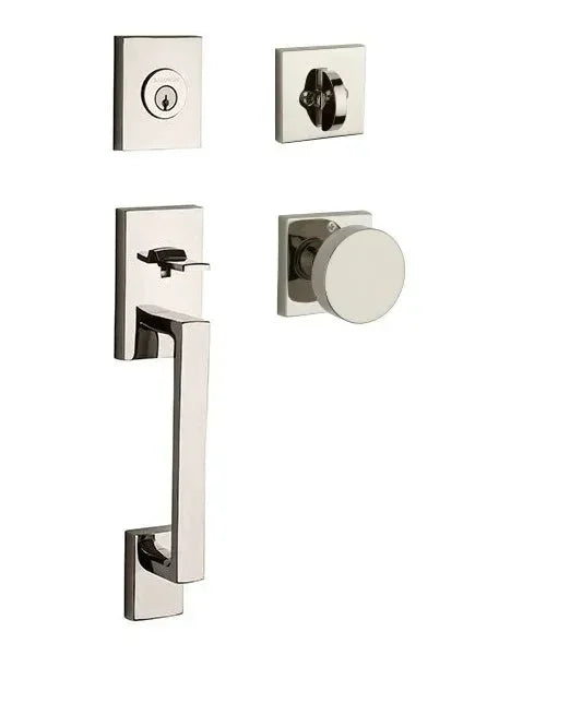 The Baldwin Reserve La Jolla Handleset with Interior Contemporary Knob with Contemporary Square Rosette in Lifetime Polished Nickel finish.