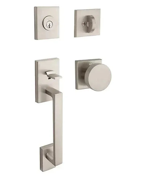 The Baldwin Reserve La Jolla Handleset with Interior Contemporary Knob with Contemporary Square Rosette in Lifetime Satin Nickel finish.