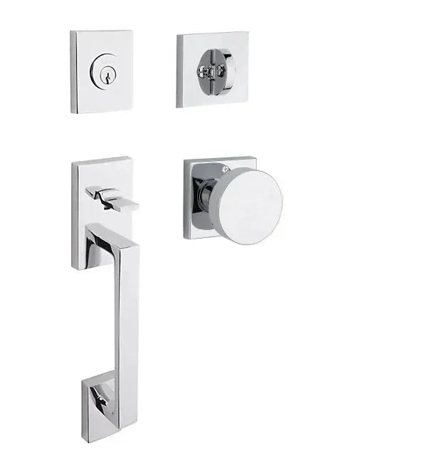 The Baldwin Reserve La Jolla Handleset with Interior Contemporary Knob with Contemporary Square Rosette in Polished Chrome finish.